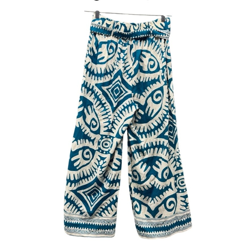Haute Hippie Style Linen Blend Wide Leg Tribal Print Pants Teal White Medium - Picture 2 of 8